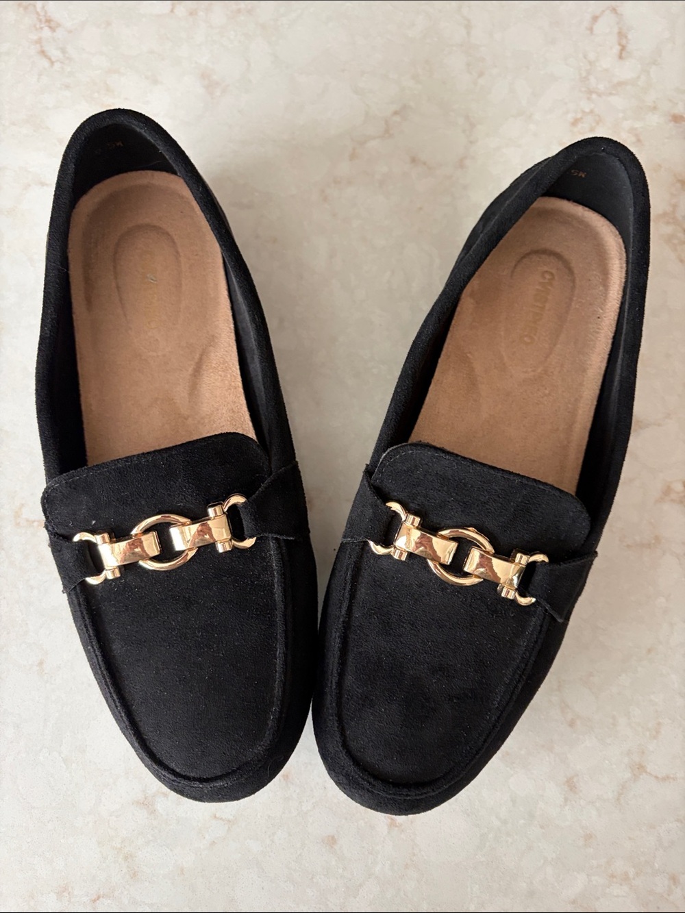 Loafers Black Faux-Suede Elegant Preppy Minimalist Gold Embellishment  9.5W